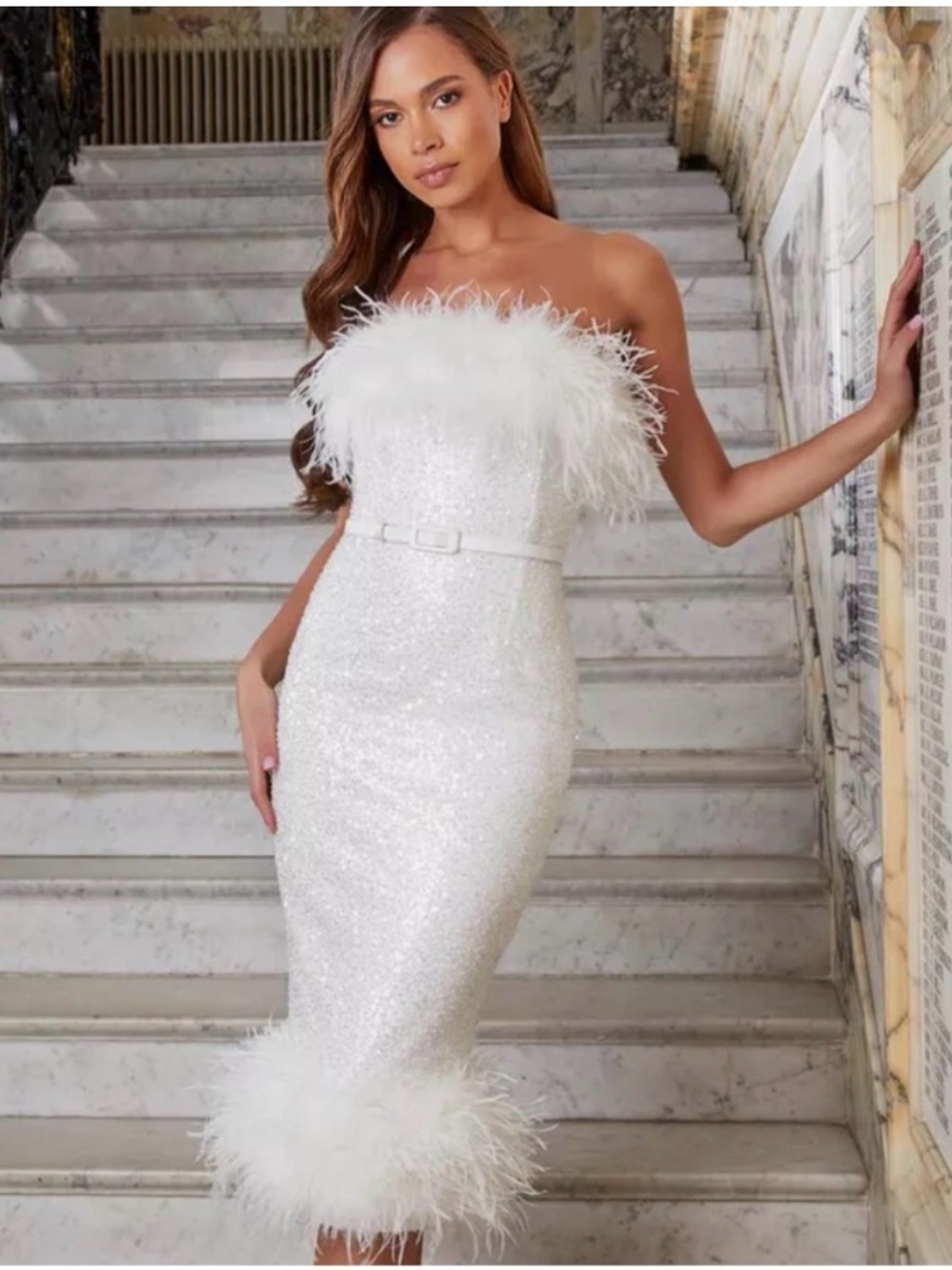 NADINE MERABI White Strapless Sequin Feather-Trim Midi Dress